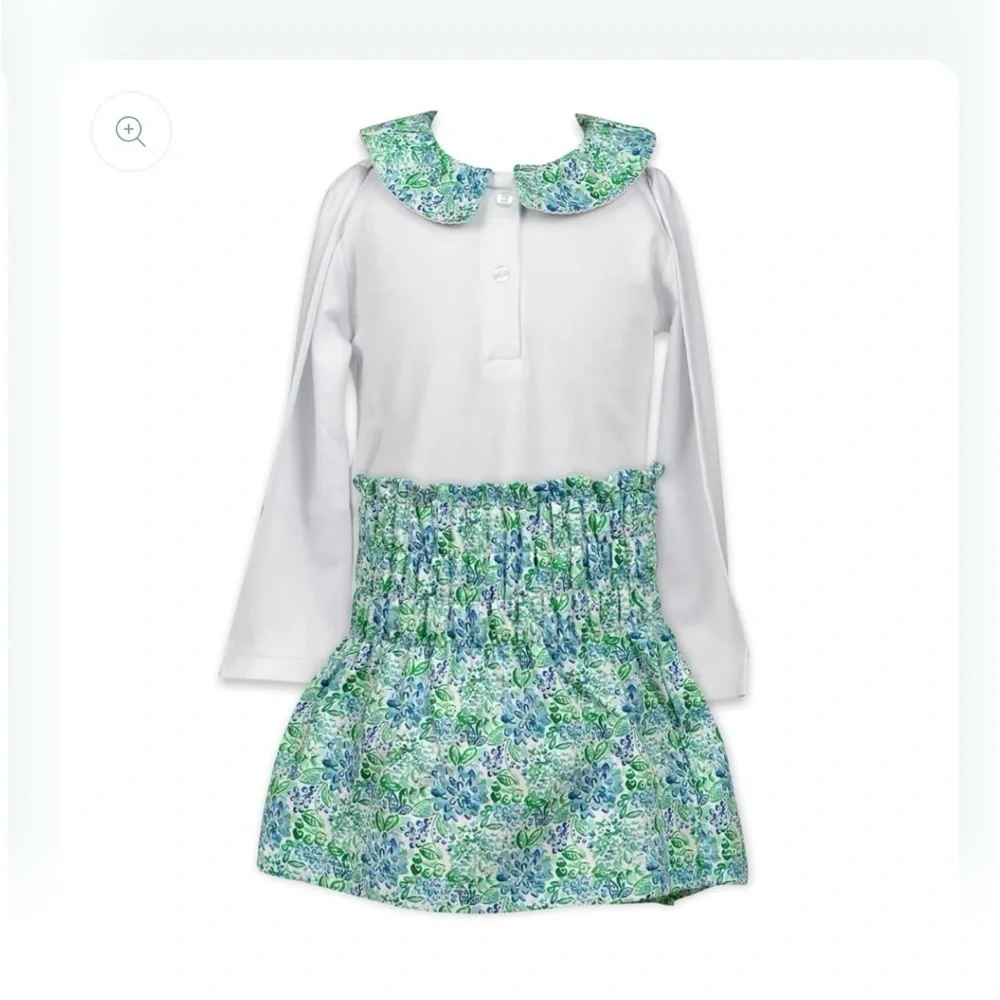 The Proper Peony Blue Aster Floral Collared Top and Smocked Skirt Set Size 7